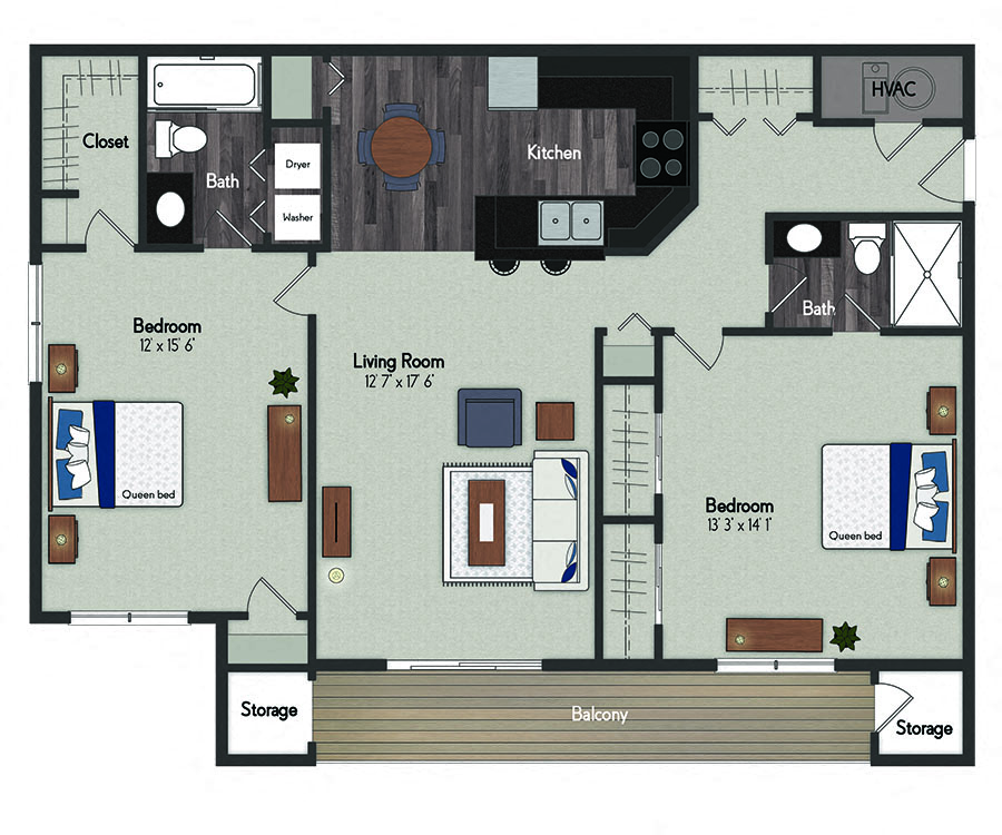 Floor plan for 2 beds, 2 baths, 1121 sqft